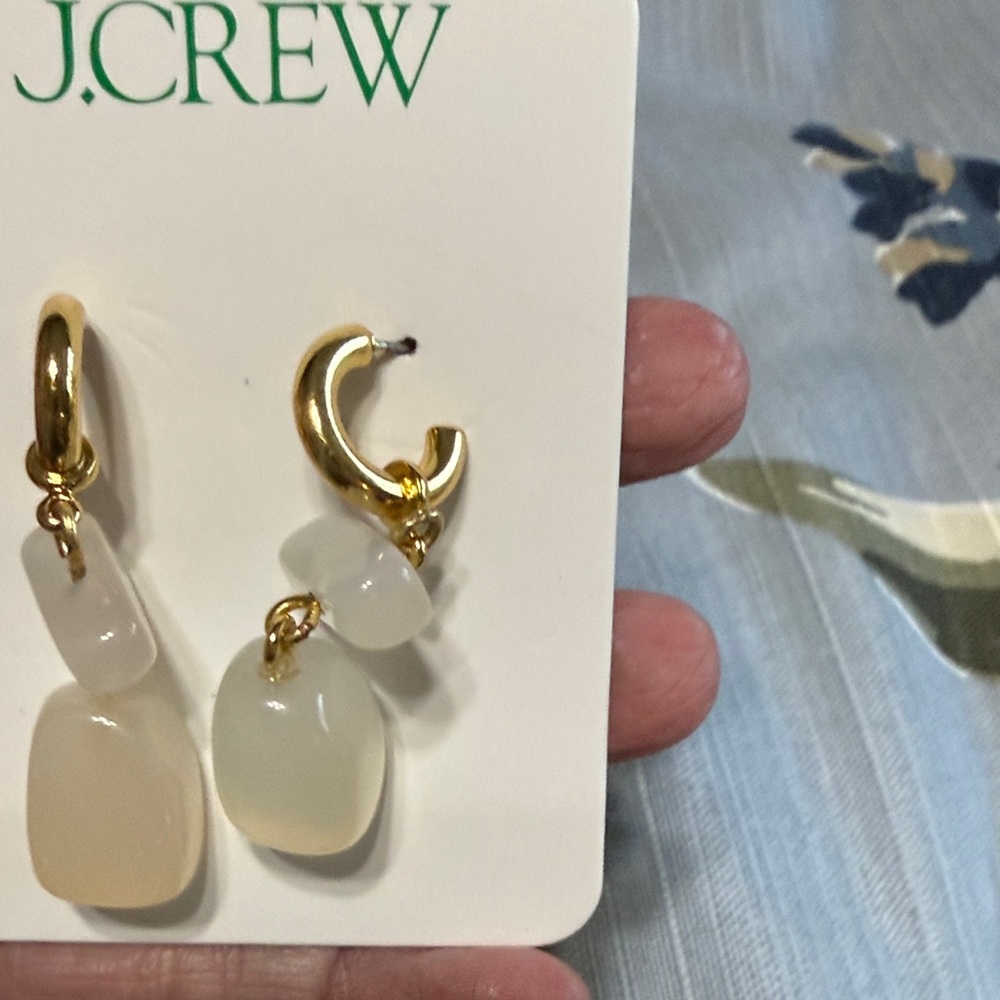 J. Crew Gold Hoop Earrings with Cream/Off-White Stone Drops